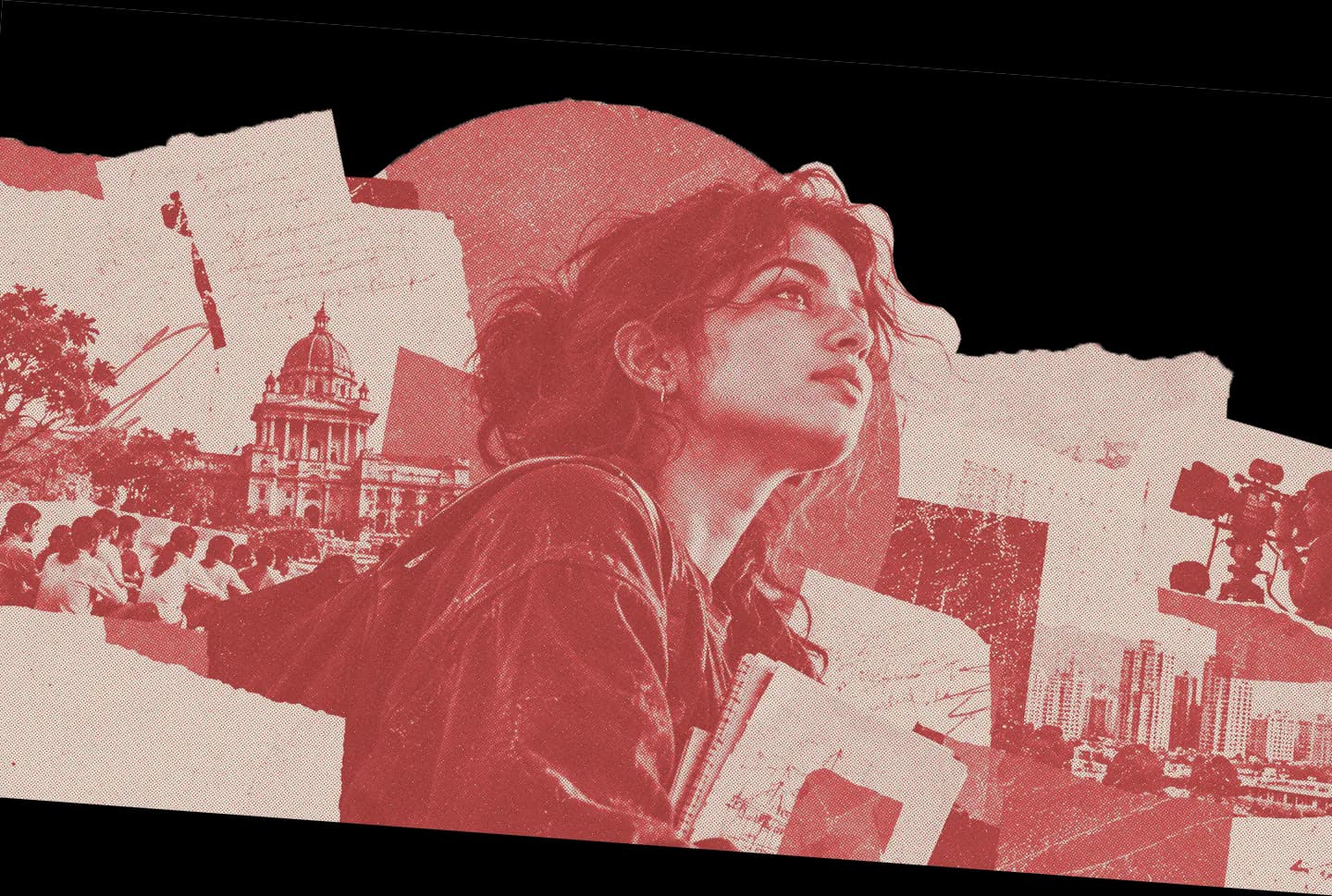 A young woman looks up and ahead, collaged with the city, a lecture hall and a film camera
