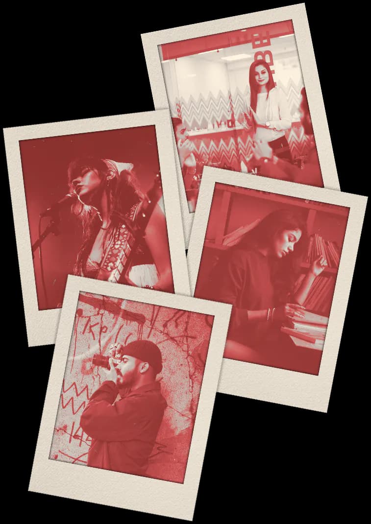 Polaroids of young people singing, studying, presenting and painting