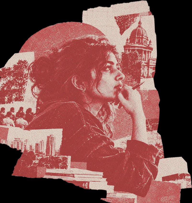 A young woman deep in thought, collaged with a domed building and the city